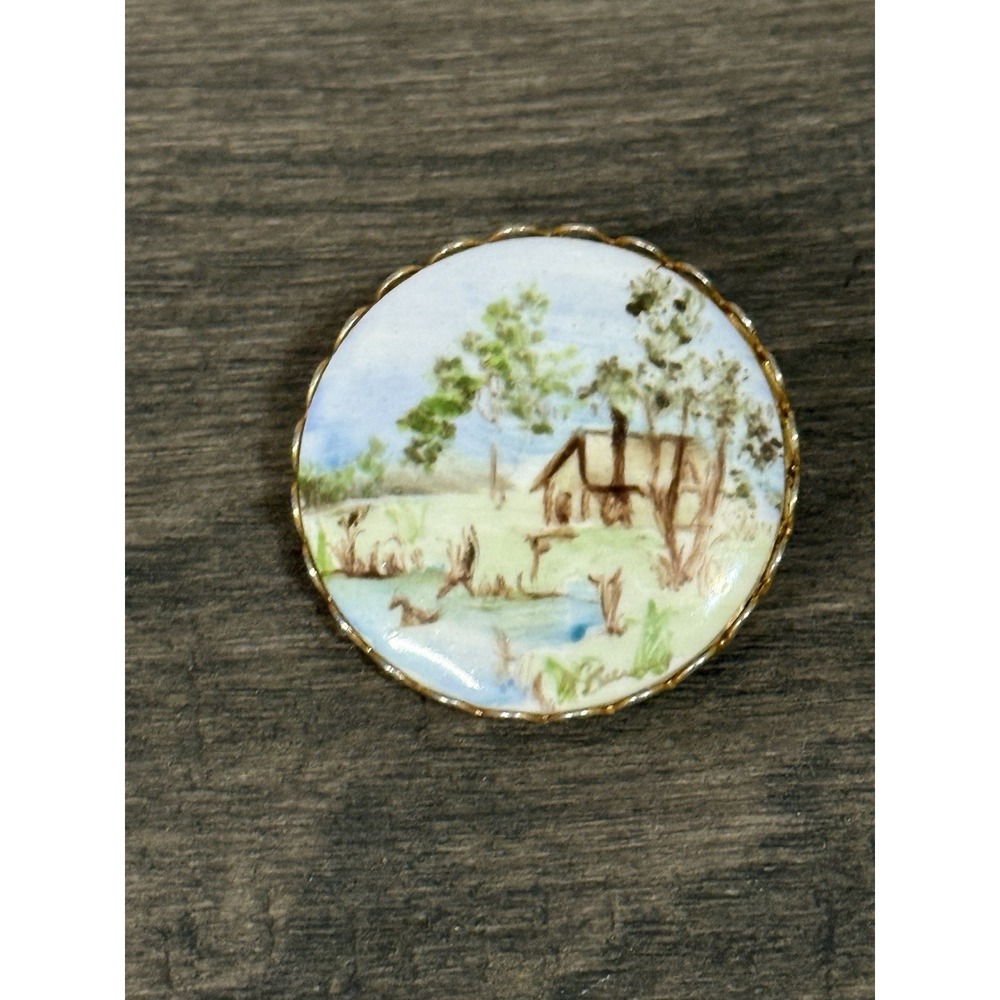 Vintage Hand Painted Artwork Art Pin Brooch Farm Farmhouse Barn Signed Brass